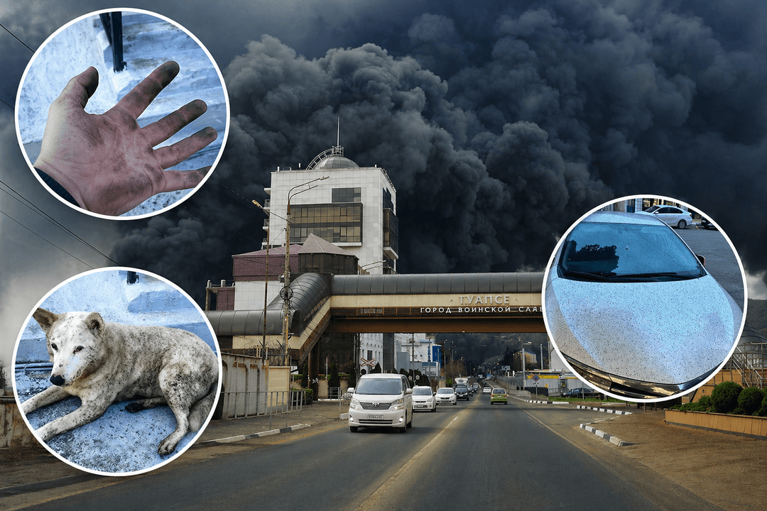 Black smoke rising above Tuapse during the recent refinery fires alongside social media footage of the "black rain" and its effects on the local environment. Photo: Social media
