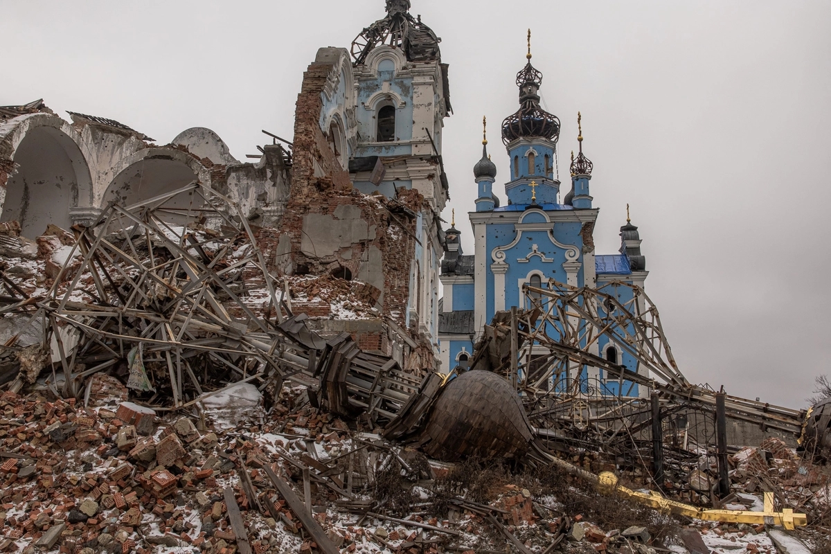 Destroyed Orthodox church in the village of Bohorodychne, Donetsk region