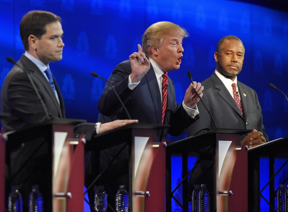Trump at a Republican primary debate in 2015. To his left is current Secretary of State Marco Rubio